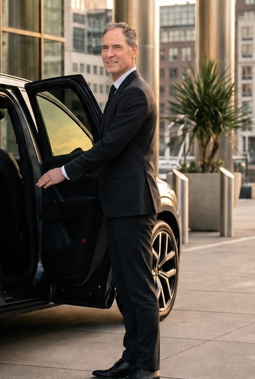 Portret van Alexander, private driver, in donker pak bij de Volvo EX90